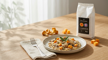 Piatto di risotto con zucca e funghi su una tavola in legno, con confezione di riso Carnaroli DOP da 1 kg e una forchetta accanto al piatto.
