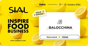 Grafica gialla di SIAL Paris 2026 con logo laBalocchina, date 17-21 ottobre e stand G065.