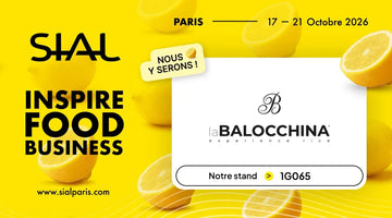 Grafica gialla di SIAL Paris 2026 con logo laBalocchina, date 17-21 ottobre e stand G065.