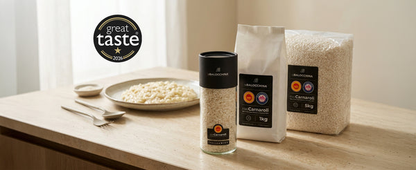 Riso Carnaroli DOP di Baraggia laBalocchina in vasetto, confezione da 1 kg e cubo da 5 kg, premiato con 1 stella al Great Taste 2026